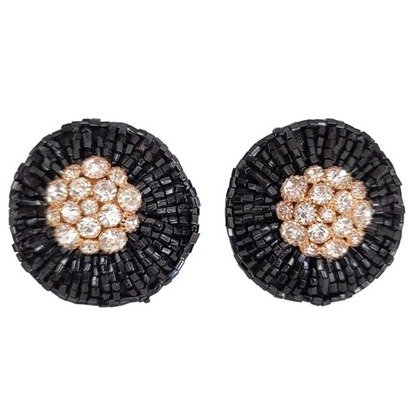 Black Glass Seed Bead Clear Prong Set Rhinestone Clip On Earrings K649 - Picture 7 of 7